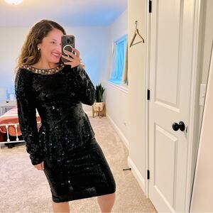 Vintage Swee Lo Black Gem Sequin Long Sleeve Mini Dress Medium